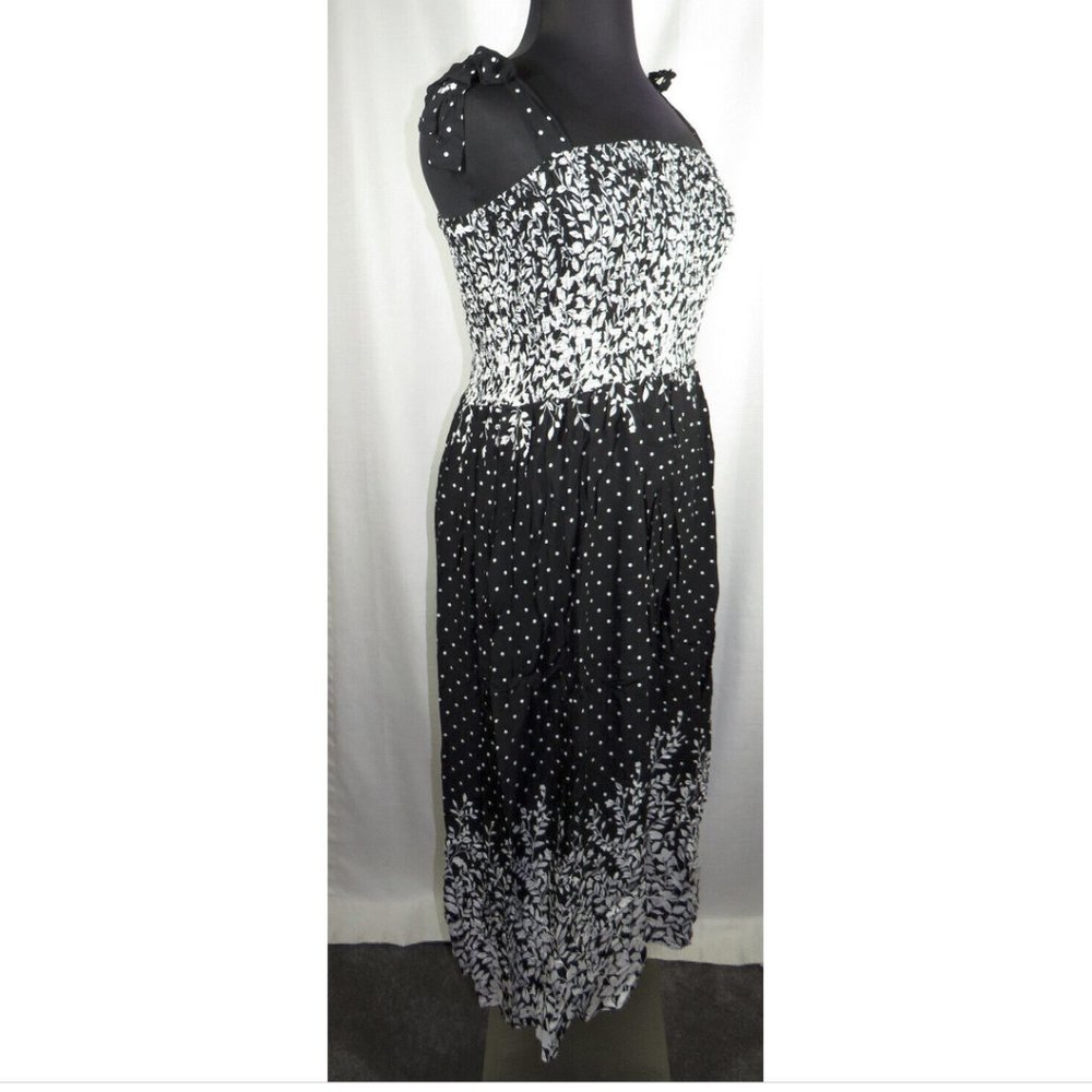 Zenobia Black White Floral Polka Dot Smocked Maxi Sun Dress Plus Size 3X - Picture 5 of 9